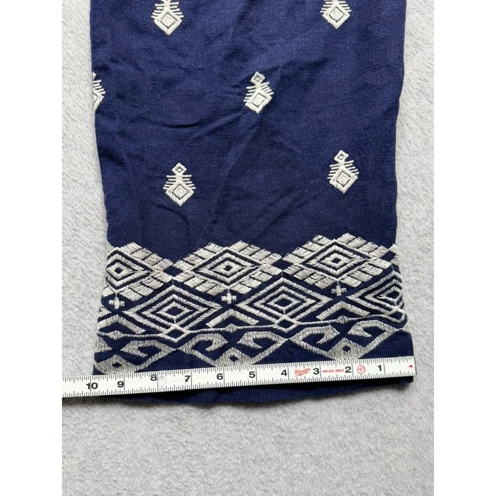 Zara Navy Blue Embroidered Linen Blend Wide Leg Pants Boho Geometric Womens S